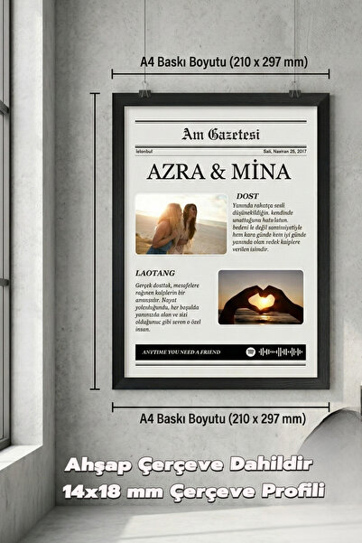 Azresa Kişiye Özel Çerçeveli Anı Gazetesi - Siyah Ahşap Çerçeveli Fotoğraflı ...