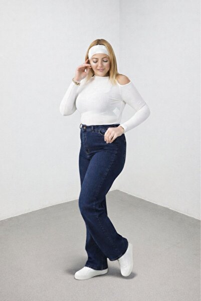 Weak Blue Large Size Women's Navy Blue High Waist Wide-Leg Jean Pants Wide Cu...