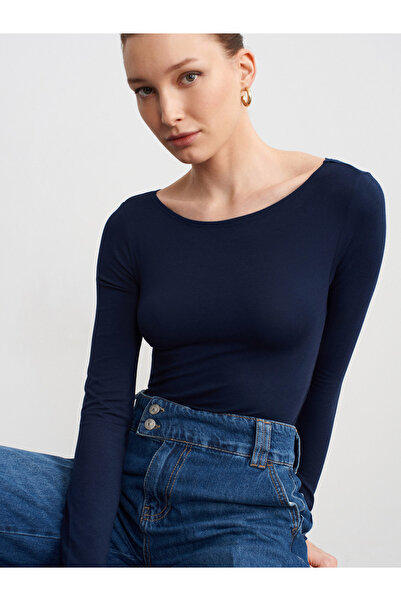 Dilvin 32549 Boat Neck Bodysuit-Dark Blue