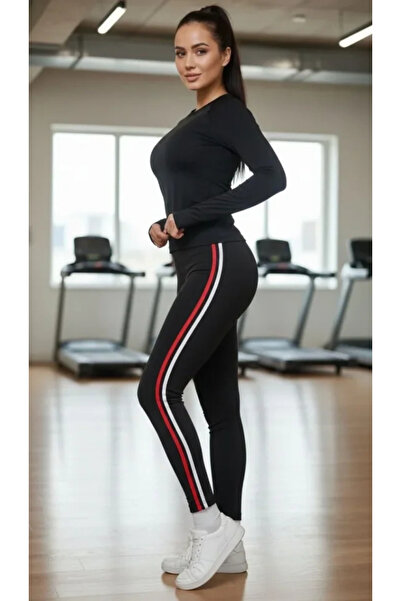 freedom store Stretch Fabric Tight Fit Sports Leggings with Red and White Str...