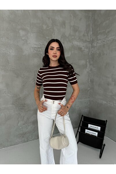 LE CARAMBOLE Ženska braon Prugasto okrugla kragna kratkih rukava pletena bluza