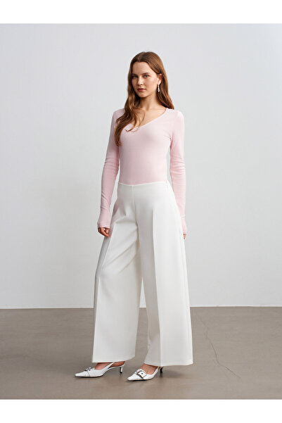 Dilvin 72654 Volanlı Geniş Paça Pantolon-Beyaz