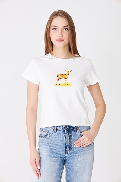 Sortie Tricou de damă Ceylan cu imprimeu guler rotund mulat basic Ecru