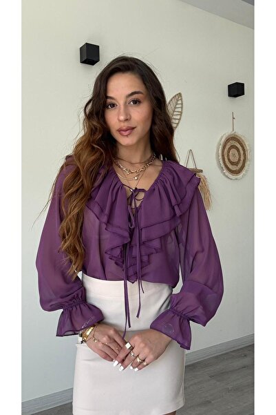 modadagiyim Mor Kadın Büzgü ve Kol Detaylı Fırfırlı Bağlamalı Şifon Gömlek Bluz