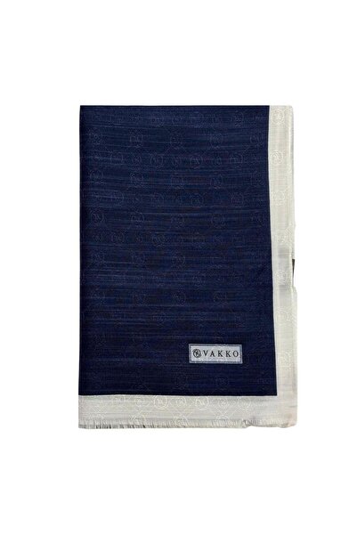 Vakko Pamuk İpek Monogram Şal 44225-Lacivert Beyaz