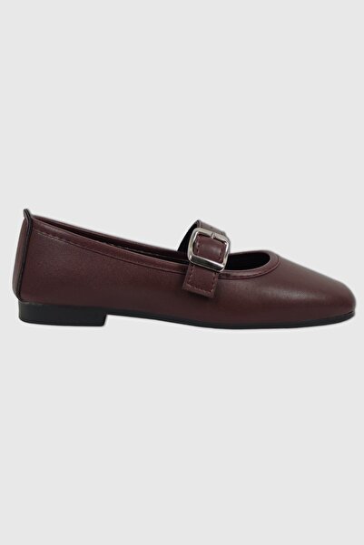 Modezya Burgundy Matte Belt Detail Oval Toe Women's Ballet Flats