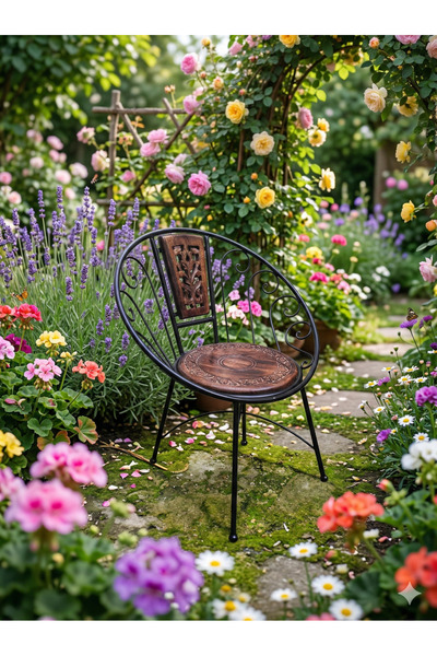 DNC Art&Deco Rustik El Oyması Armut Figürlü Ahşap Sandalye ve Dekoratif Tabur...