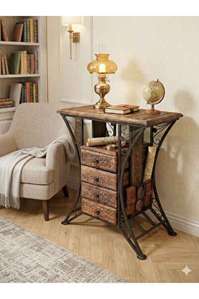 DNC Art&Deco El İşçiliği Masif Ahşap 4 Çekmeceli Üstü Raflı Dekoratif Etejer ...
