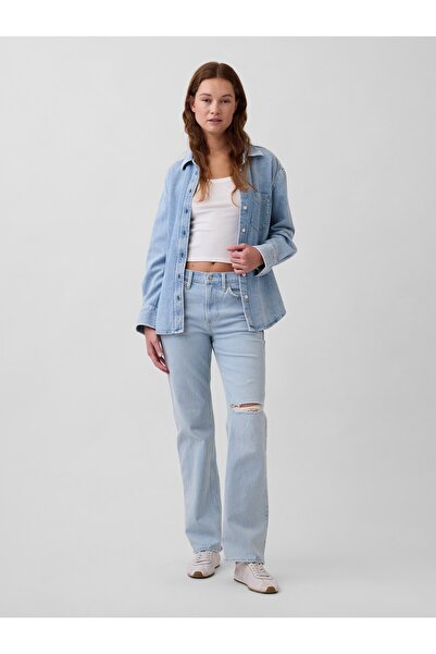 GAP Kadın Açık Mavi Mid Rise Relaxed Straight Jean Pantolon