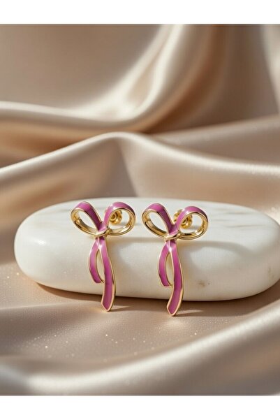 ahsenaksesuar2025 Pink Bow Model Gold Color Detailed Tiny Bow Steel Earrings