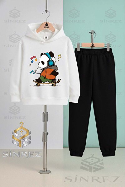SİNREZ Set de trening cu glugă pentru copii, unisex, PANDA SKATEBOARD, cu not...