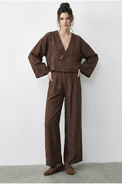 Bianco Lucci Kadın Kendinden Çiçek Desenli Kruvaze Kimono Salaş Pantolonlu Al...