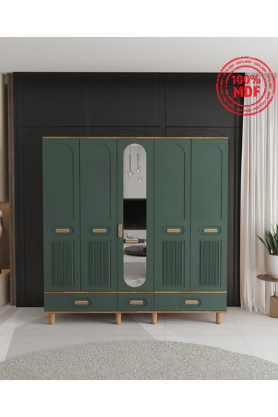 Teen & Bright %100 MDF Pera 5 Kapaklı Çekmeceli Modüler Gardırop - Yeşil
