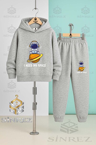 SİNREZ Children's Unisex Astronaut Space Planet Superior Hooded Tracksuit Set