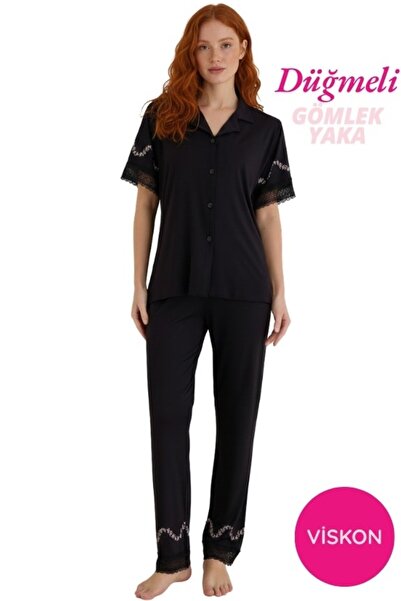 seamlife Women's Patterned Shirt Collar Button-Front Viscose Short Sleeve Paj...