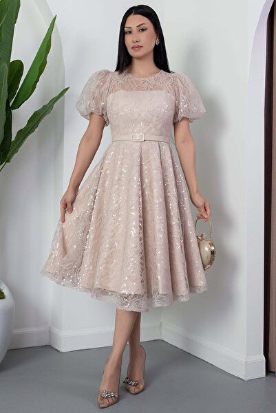 PULLIMM Bisiklet Yaka Balon Kol Kemerli Dantel Elbise BAL167