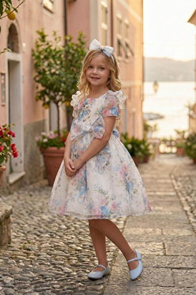 Pamina Girl Child 3-7 Years Bow Detail Floral Print Chiffon Dress Ecru