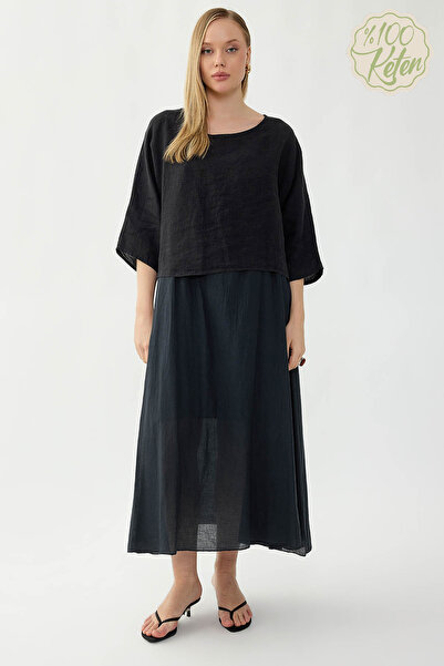 Vitrin 100% Linen Short Sleeve Long Dress