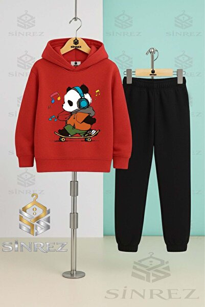 SİNREZ Children's Unisex Panda Skateboard Colorful Note Hooded Tracksuit Set