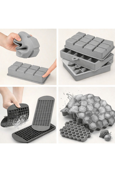 Flaura Home 4’lü Gri Silikon Buz Kalıbı Seti 8 Gözlü 5x5 cm Büyük Küp + 24 Bö...
