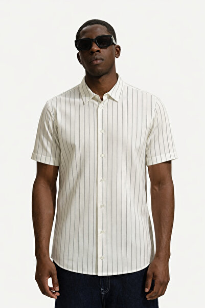 DAMGA JEANS Ανδρικό κοντομάνικο πουκάμισο Ριγέ σε λευκό χρώμα