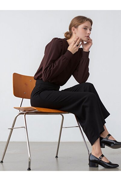 DEVRİMAY TEKSTİL Καφέ Μπλούζα με Μανίκι Μπαλόνι ελαστικό ύφασμα Κρεπ