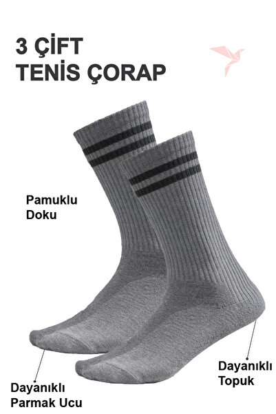 Bakasana 3 Çift Gri Tenis Çorabı – Pamuklu, Dayanıklı, Unisex