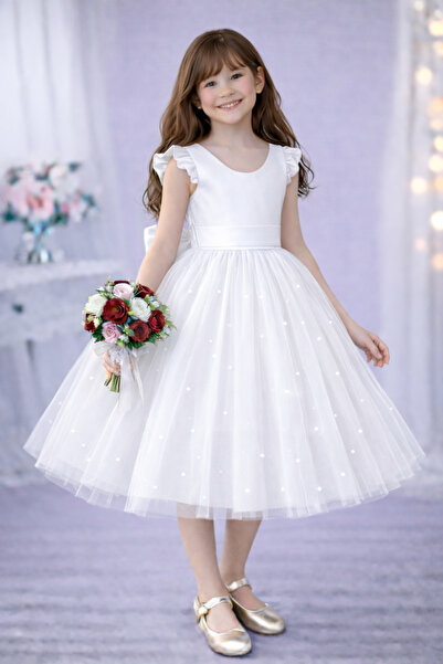 MadyaButik Rochie albă cu mâneci cu volane pentru fete, pentru absolvire, ziu...