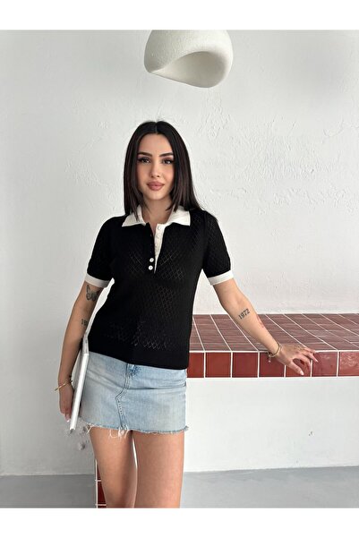 LE CARAMBOLE Women's Black Striped Detail Polo Neck Short Sleeve Knitwear Blouse