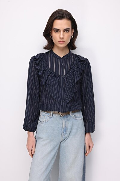 Mixray 4828 Ženska košulja sa volanima Prugasto tamnoplava