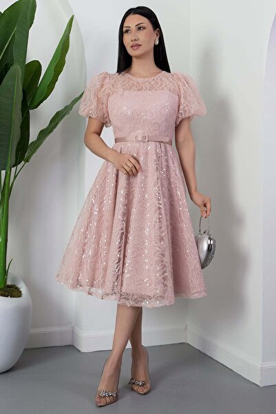 PULLIMM Bisiklet Yaka Balon Kol Kemerli Dantel Elbise BAL167