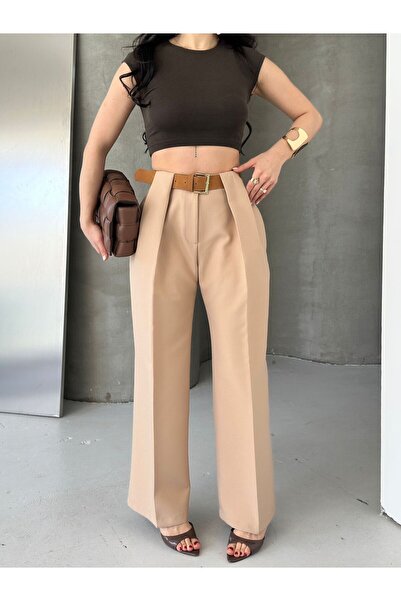 Moda İkra Visok struk , plisirane i Sa detaljem kaiša moderne hlače od tkanine