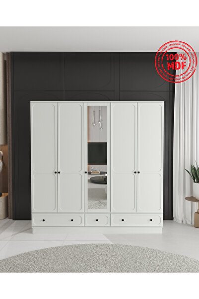 Teen & Bright IRMAK 5 KAPAKLI ÇEKMECELİ BAZALI GARDIROP - TAMAMI MDF