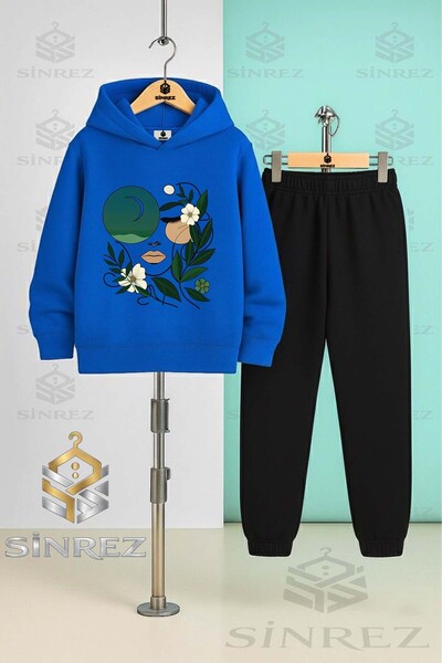 SİNREZ Children's Unisex Cicekten Green Girls Yuzu Hooded Tracksuit Set