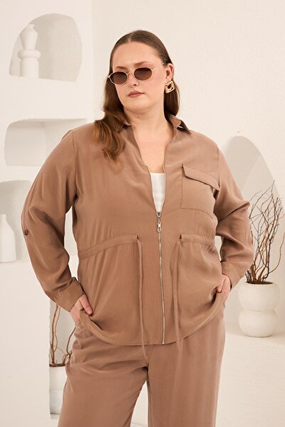 RMG Jachetă de damă mărime mare, cu mâneci plisate și detaliu de șiret la tal...