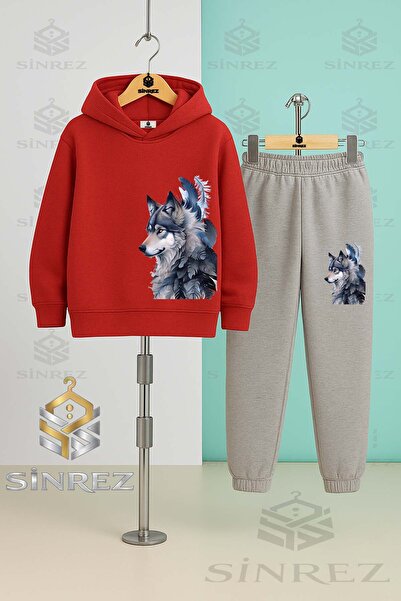 SİNREZ Children's Unisex Kurt Gri Yanda Hooded Tracksuit Set