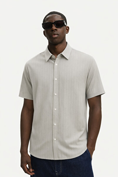 DAMGA JEANS Ανδρικό κοντομάνικο πουκάμισο Ριγέ σε γκρι χρώμα