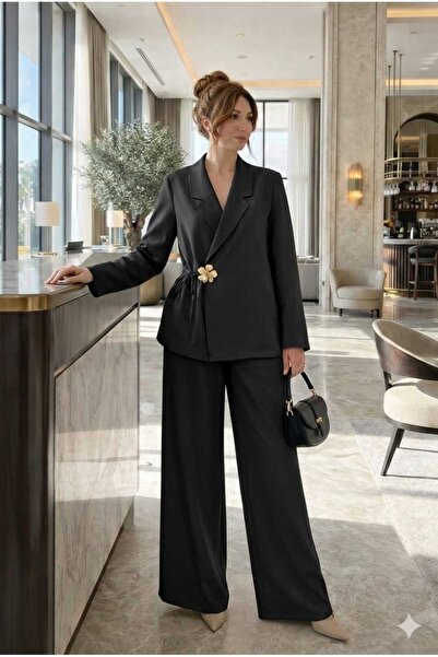 newmisal Women's Comfortable Fit Dabl Fabric Side-Tie Jacket and Pants Set