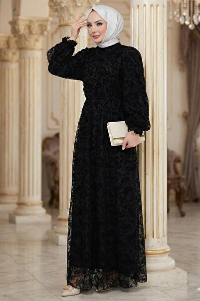 hafsamina Flok Printed Lined Tulle Dress Black Hm2892