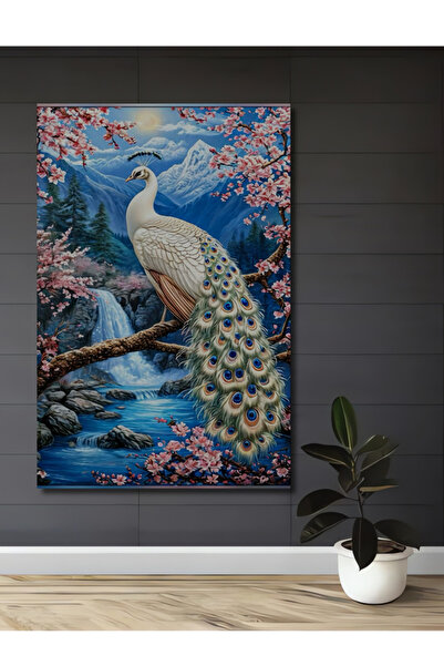 Teona Ahşap Beyaz Tavus Kuşu Şelale Çiçekli Yamacında Yağlı Boya Görünümlü Ah...