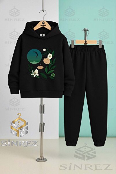 SİNREZ Children's Unisex Cicekten Green Girls Yuzu Hooded Tracksuit Set