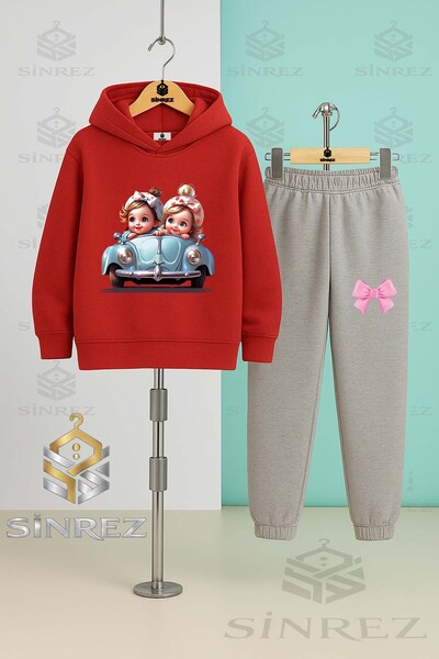 SİNREZ Children's Unisex Car 2Li Girl's Cute Hooded Tracksuit Set