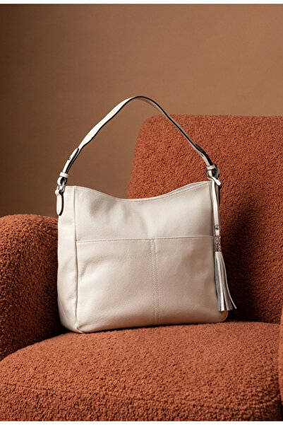 Dasha Light beige women's bag made of genuine Leather with tassel ornament