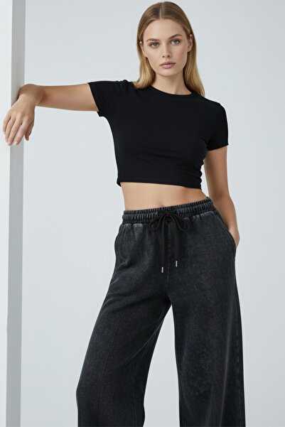 Lupinn Ženske antracit boje oprane Široke nogavice trenirke Visok struk elast...