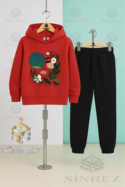 SİNREZ Children's Unisex Cicekten Green Girls Yuzu Hooded Tracksuit Set