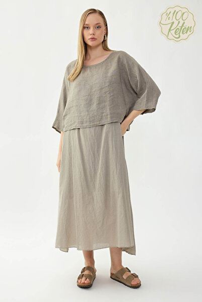 Vitrin 100% Linen Short Sleeve Long Dress