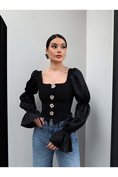 ESRAHELVACI بلوزة بأكمام بالون وأزرار ذهبية
