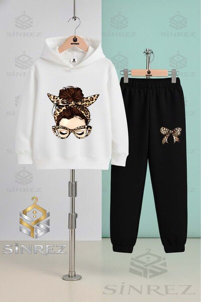 SİNREZ Children's Unisex Girls' Leopard Striped Hooded Tracksuit Set