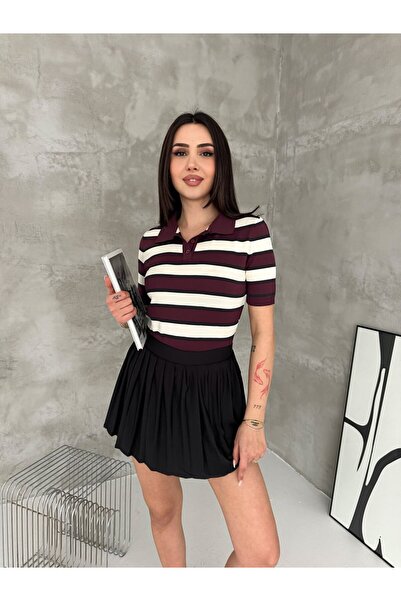 LE CARAMBOLE Дамска бордо раирана поло блуза с къс ръкав и поло яка