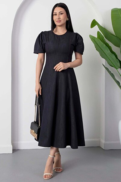 PULLIMM Τζιν φόρεμα με λαιμόκοψη ποδηλάτου Τεμάχιο Με πιέτες 2026-4552